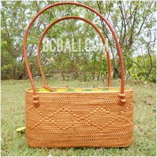 ladies handbag leather handle straw ata grass with lining